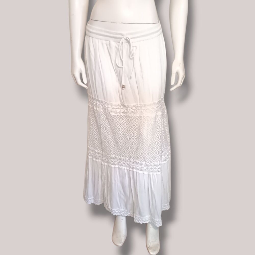 Vintage Sassy Doll Midi Peasant Skirt-Large-White-Elastic Waist-Lined-Bohemian
